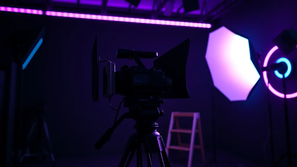 Set de video con cámara de cine e iluminación neón